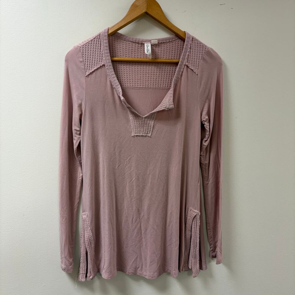 Free People Dusty Rose Waffle-Knit Accent Peasant Boho Tunic Size Oversized XS